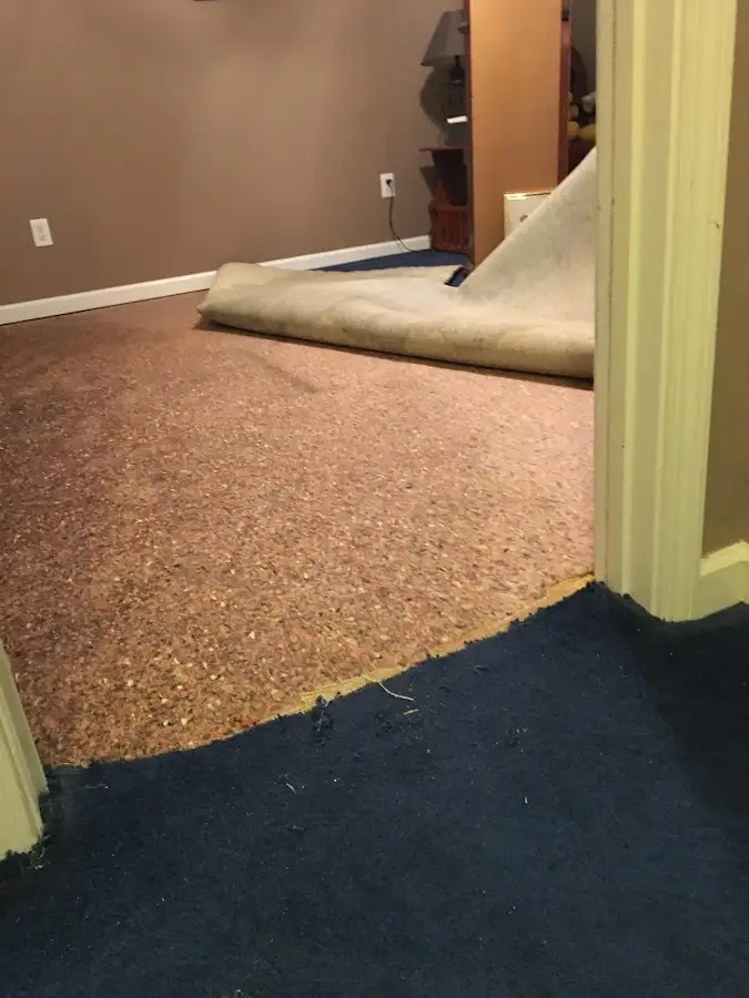 Carpet pad removal revealing water damage during Drying & Dehumidification in Hidden Valley Lake